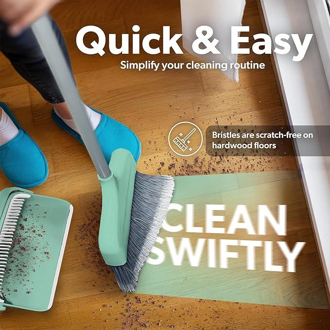 BLACK+DECKER Butler Broom & Dustpan Set - Short Handle, Stand-Up Design - Lightweight, Space-Saving Combo for Kitchen, Living Room, Bathroom, Lobby Floors - Home Cleaning Essential, Teal/Grey - NeatNest