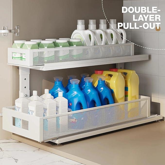 2 Pack 21.3IN-Depth Under Sink Organizer With Next-Gen Ball-Bearing Slides,2-Tier Pull Out Cabinet Storage,Height Adjustable Drawer Shelf for Bathroom,Kitchen,Laundry,Cabinet,Pantry-White - NeatNest