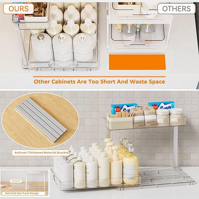 Yieach 2 Pack 14.5″ Deep Pull Out Under Sink Organizer,10.8″ High 2 Tier Slide Out Cabinet Organizer for Kitchen Cabinet,Undersink Organizers,Under Sink Shelves,Bathroom Organizers and Storage,Clear - NeatNest