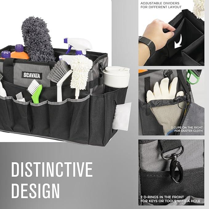 Wearable Cleaning Caddy Bag, Cleaning Caddy Supplies Organizer with Handle & Shoulder Straps for Housekeepers, Under Sink & Car Cleaning Tool Organizers with 4 Foldable Divider (DarkGrey) - NeatNest