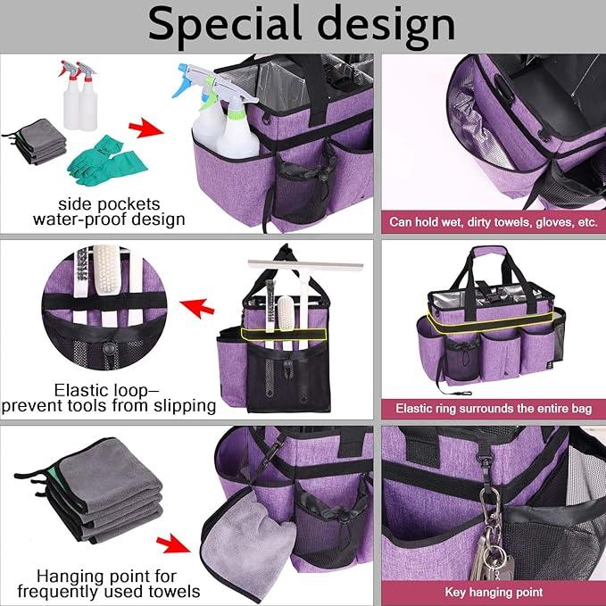 Large Cleaning Caddy Bag Built-in Sturdy Support Board, Cleaning Organizer with Detachable Divider, Cleaning Supply Tote with Adjustable Shoulder Strap&Waist Belt for Cleaners & Housekeeper - NeatNest