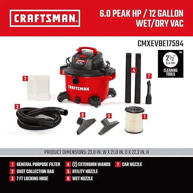 CRAFTSMAN CMXEVBE17594 12 Gallon 6.0 Peak HP Wet Dry Vac, Portable Shop Vacuum Wet and Dry with Filter, Dust Bag, Hose and Attachments for Home Projects & Renovations - NeatNest