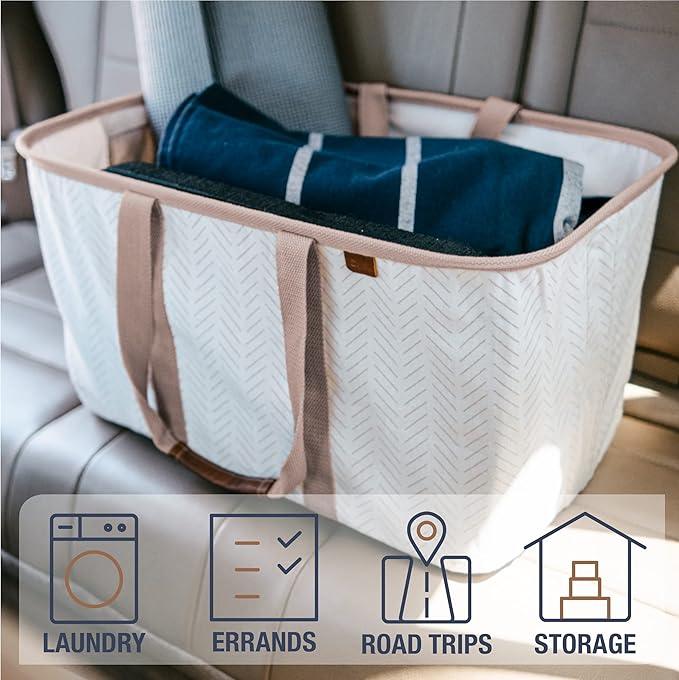 CleverMade Collapsible Laundry Tote - LUXE Mocha 2-Pack 50L - Foldable Storage Organization Container for Clothes Laundry Room Storage Solution - NeatNest