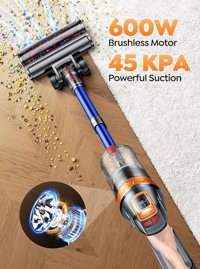 Cordless Vacuum Cleaner, 600W with Extra Mattress Cleaning Tool, 45KPA Stick Vacuum Cleaners for Home 60 Mins Runtime, Self-Standing, Wall Mount Charging, Rechargeable Vacuum for Floor Carpet Pet Hair - NeatNest