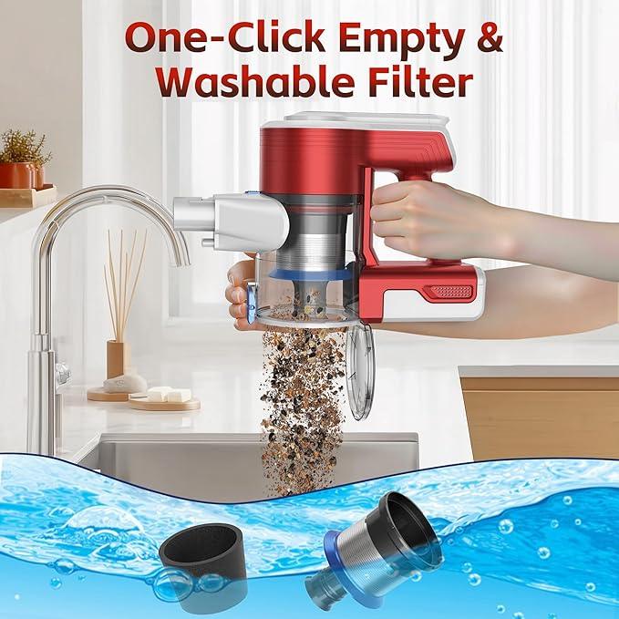 Cordless Vacuum Cleaner for Home, 45Kpa Lightweight Stick Vacuum with Powerful Suction, Rechargeable Battery Up to 50mins, Handheld Vacuum Cleaners for Hardwood Floors, Carpets, Pet Hair - Red - NeatNest