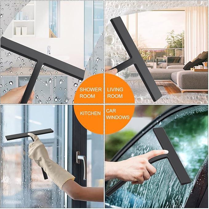 All -Purpose Silicone Shower Squeegee for Shower Glass Door with Hook, Bathroom Accessories for Window Mirror Tile Car Shower Walls,Household Shower Cleaner Tool (Black, 9 inch(2hooks) - NeatNest