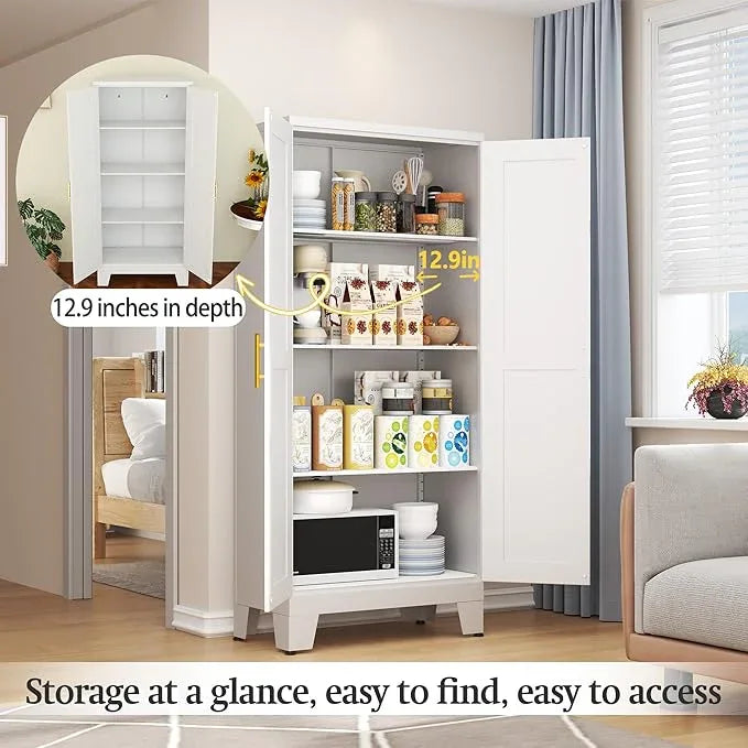 White Metal Storage Cabinet, 61" Steel Cabinets for Home Office, Kitchen Pantry Storage Cabinet with Doors and 3 Adjustable Shelves, Tool Cabinet, for Office, Home, Garage, School - NeatNest