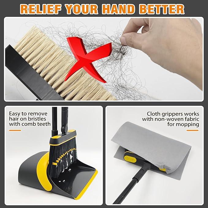JEHONN Broom and Dust Pan, 54.3 inches Long Handle Swivel Brush, Upright Foldable Dustpan with Comb Teeth for Home Kitchen Lobby Indoor Floor Cleaning (Black & Yellow) - NeatNest