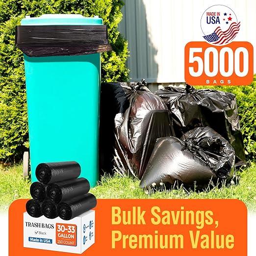 Delxo 30-33 Gallon Trash Bags, 5000 Count – 0.6 Mil Medium Duty Garbage Bags, Durable Plastic Bolsas para basura, Perforated Design– Made in USA for Kitchen, Yard, Office (Black) - NeatNest