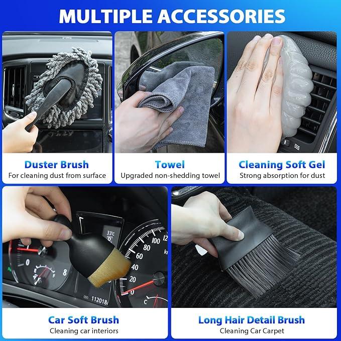 THINKWORK Car Cleaning Kit, Car Vacuum Kit, Gray Car Interior Detailing Kit with 8000PA High Power Vacuum, Including 7Pcs Detailing Brush Set and Bag - NeatNest