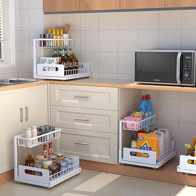 Under Sink Organizer, 2 Tier Pull Out Cabinet Organizer,Slide out Metal Cabinet Organizers Multi-Purpose Drawer Shelf for Kitchen Bathroom Pantry Cabinet Closet Organization Rack,White 1 Pack - NeatNest