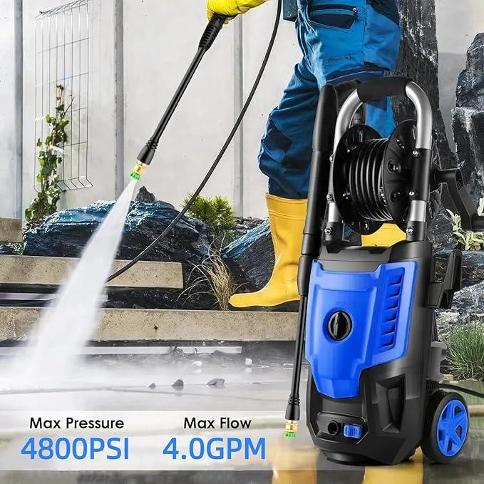 Pressure Cleaner- High Power Cleaner with 33FT Hose Reel, 4 Spray Tips and Soap Bottle for Car Washing, Fence Cleaning, Patio Maintenance（Upgraded） (Blue) - NeatNest