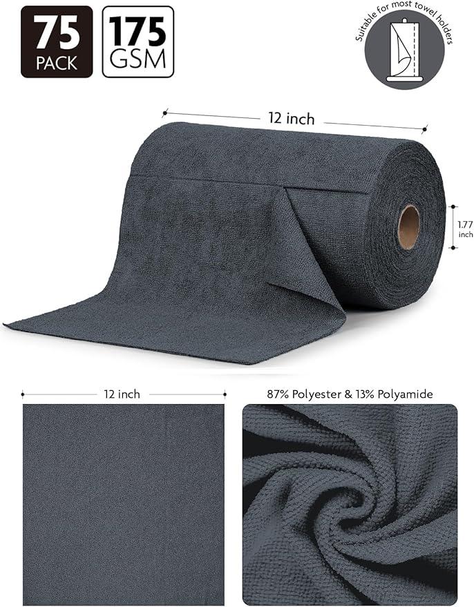 Fantasticlean Microfiber Cleaning Cloth Roll -75 Pack, Tear Away Microfiber Towels, 12" x 12", Reusable, Washable, Scratch Free, Ultra Absorbent for Car, Home Supplies (DimGray) - NeatNest
