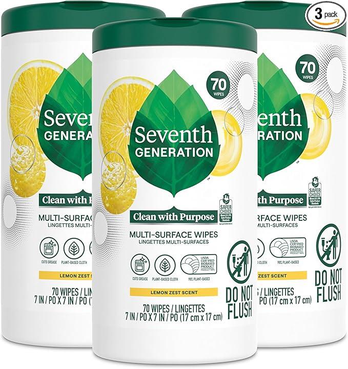 Seventh Generation Multi Surface Wipes, Pack of 3, for all purpose cleaning, lemon zest scent with 100% essential oils and botanical ingredients, 70 ct each - NeatNest