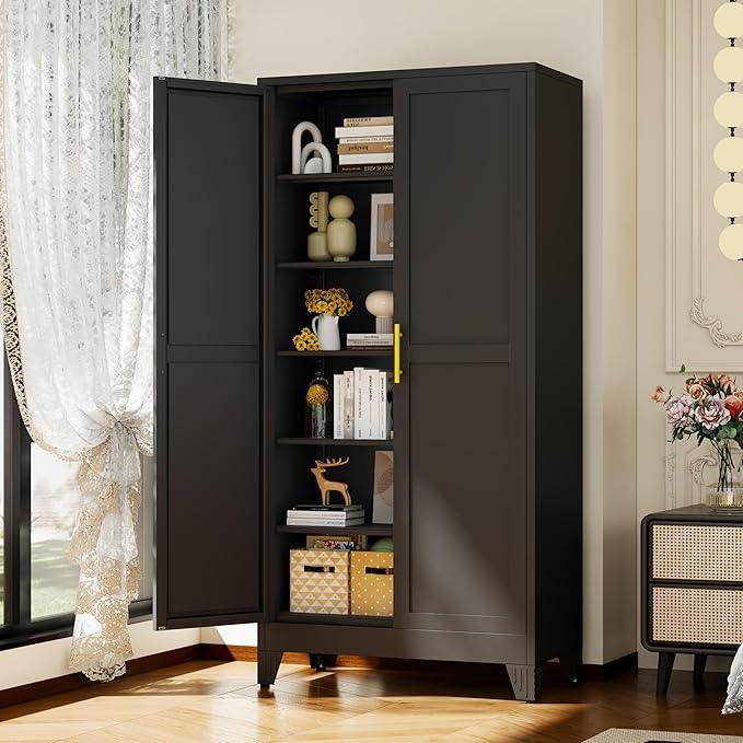 Black Metal Storage Cabinet,75" Steel Cabinets for Home Office, Kitchen Pantry Storage Cabinet with Doors and 5 Adjustable Shelves, Tool Cabinets, for Office, Home, Garage, School, 36W - NeatNest