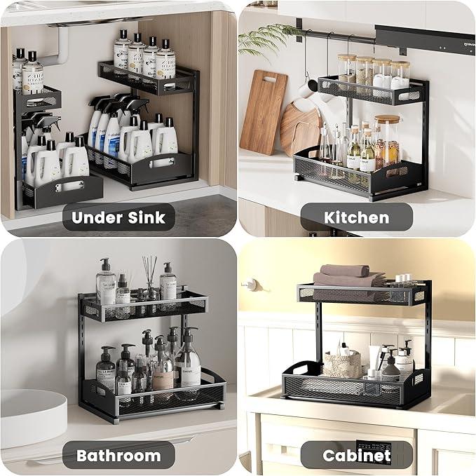 Under Sink Organizer,2 Pack Height Adjustable Under Sink Organizers and Storage, 2 Tier Under Sink Storage for Kitchen Bathroom Cabinet - NeatNest