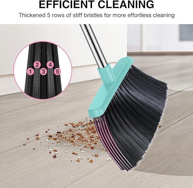 Broom and Dustpan Set, 52-in Long Adjustable Handle Broom Dustpan Combo with Dust pan Teeth to Automatically Clean Hair Suitable for Home Kitchen Office Hall Floor（Pink&Blue） - NeatNest