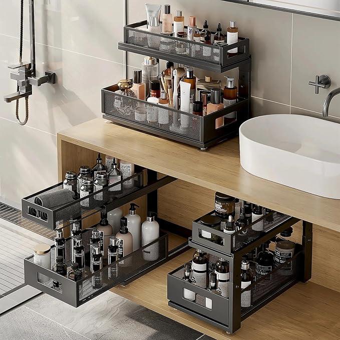 2 Pack 18.5IN-Depth Under Sink Organizer With Next-Gen Ball-Bearing Slides,2-Tier Pull Out Cabinet Storage,Height Adjustable Drawer Shelf for Bathroom,Kitchen,Laundry,Cabinet,Pantry-Black - NeatNest