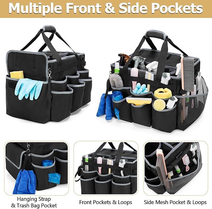 Large Cleaning Caddy with Detachable Trolley & Shoulder Strap, Cleaning Supplies Bag with Handles & Support Plates, Cleaning Product Rolling Organizer for Car Wash and Housekeeping - NeatNest