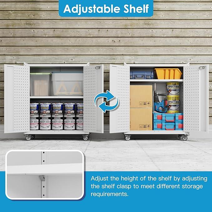 SUXXAN Metal Storage Cabinet with 2 Doors and 4 Hooks,34" H Top Workbench Mobile Tool Chests Garage Cabinets with 4 Wheels and Lock/Push Arm for Home,Office,Shop(White) - NeatNest