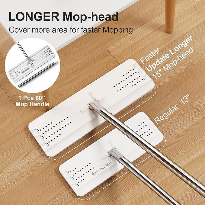JOYMOOP Mop and Bucket with Wringer Set, Flat Squeeze Mop with Bucket (X-Large), Dust Mop for Wall Cleaner with Long Handle, Microfiber Mop - White Bucket with 5 Reusable 15" Pads - NeatNest