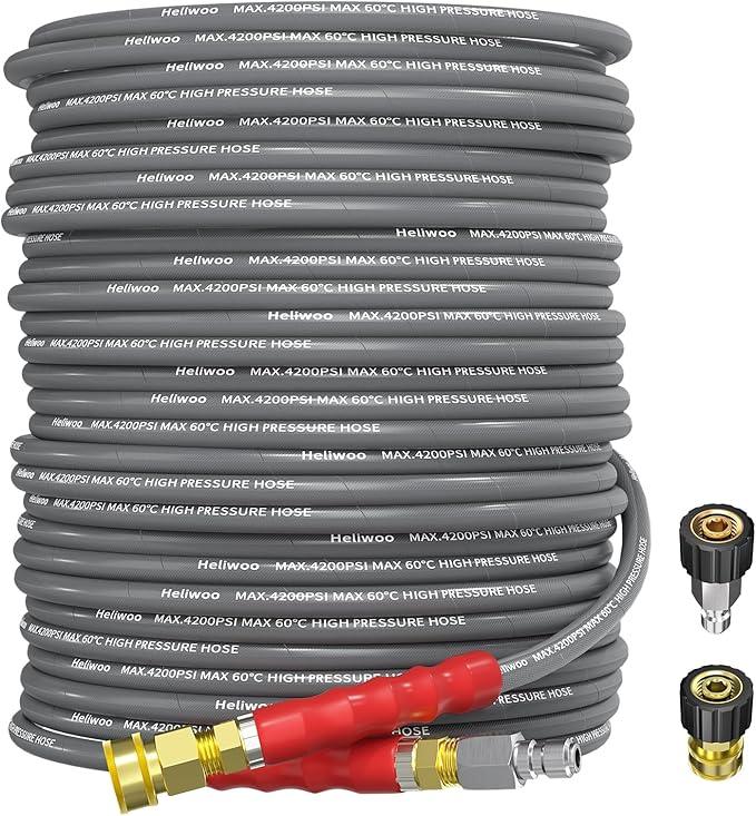 Pressure Washer Hose 100ft 4200PSI with 3/8 Quick Connect, 1/4 Commercial Grade Steel Wire Braided Kink Resistant Power Washer Extension Hose, Flexible Replacement Hose Adapter Set - NeatNest