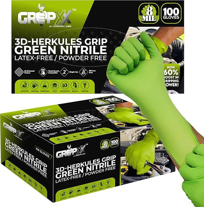 Herkules Grip Heavy Duty 8Mil Green Nitrile Gloves,3D Raised Diamond Texture-Latex & Powder Free-Industrial, Mechanic | Pack of (200 CT) - NeatNest