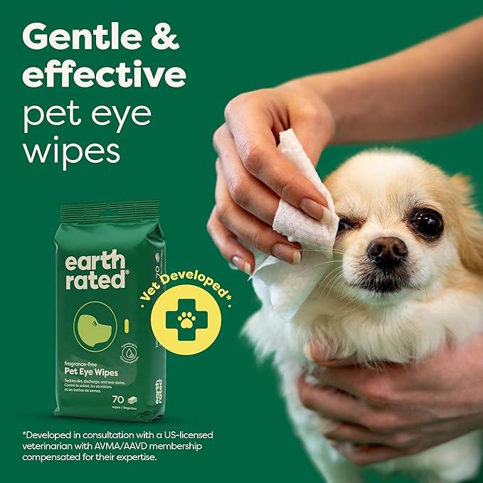 Earth Rated Vet-Developed Pet Eye Wipes, Hypoallergenic Cleaner for Dogs & Cats Eyes to Remove Dirt & Discharge, Fragrance Free, 70 Count - NeatNest
