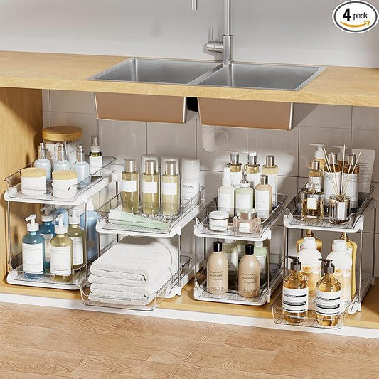 Delamu 2-Tier Multi-Purpose Bathroom Under Sink Organizers and Storage, Stackable Kitchen Pantry Organization, Pull Out Medicine Cabinet Organizer with Movable Dividers, White, 4Pack - NeatNest
