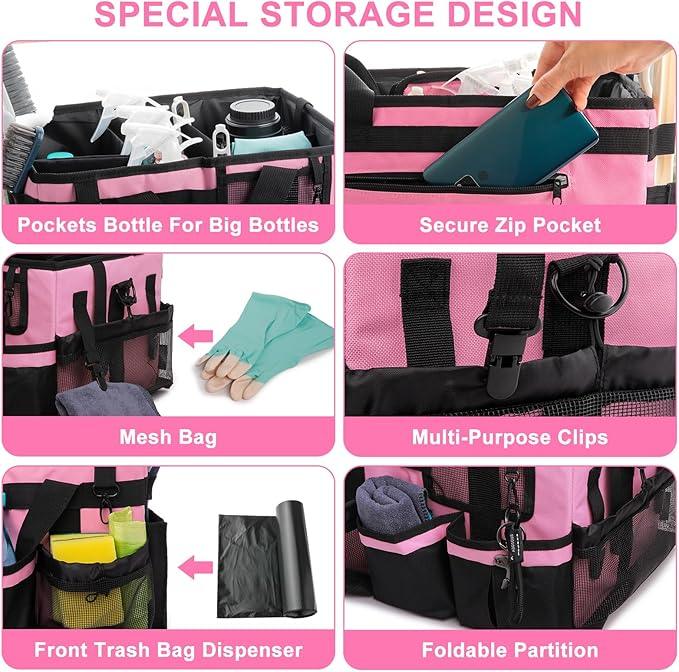 Large Cleaning Caddy Tote Bag with 4 Foldable Dividers Sturdy Support Board, Waterproof Cleaning Tools Organizer with Adjustable Shoulder Strap Waist Belt for Housekeepers, Cleaners Professional Use - NeatNest