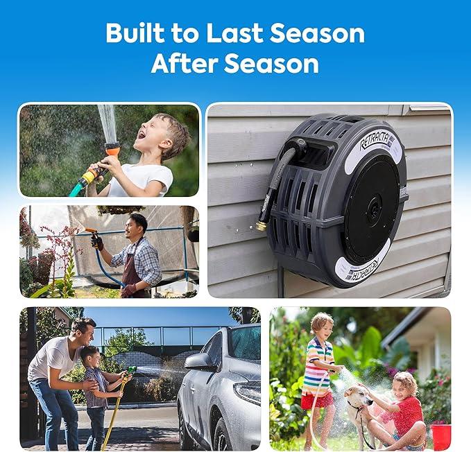 Macnaught Retractable Garden Hose Reel, 60 Ft Water Hose Reel Heavy Duty Retractable Hose with Metal 180° Swivel Rotation Bracket for Wall Mount - Gray - NeatNest