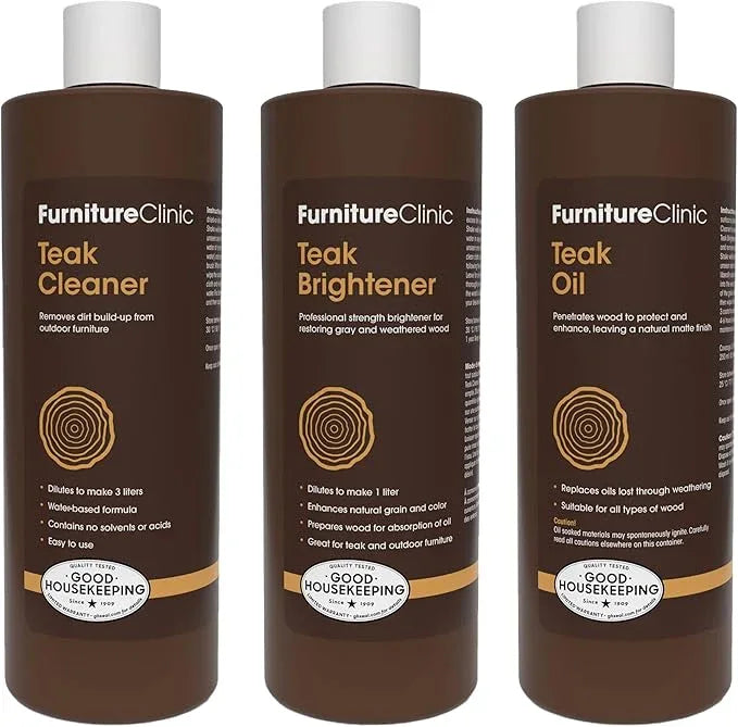 Furniture Clinic Teak Care Kit | For Teak Outdoor Wood Patio Furniture | Clean, Brighten, Nourish, and Protect Treated and Untreated Wood | Contains Cleaner, Brightener, & Oil - NeatNest