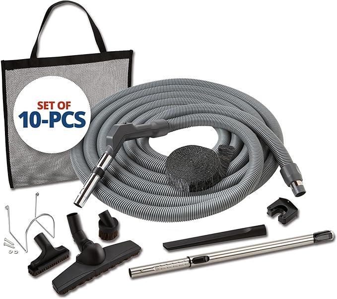 Central Vac System Bare Floor Attachment Set for Cleaning Hardwood Floors Furniture & Draperies - Includes 30FT Crushproof Hose, Dusting Brush, Upholstery & Crevice Tool, Wand, Mesh Storage Bag & More - NeatNest