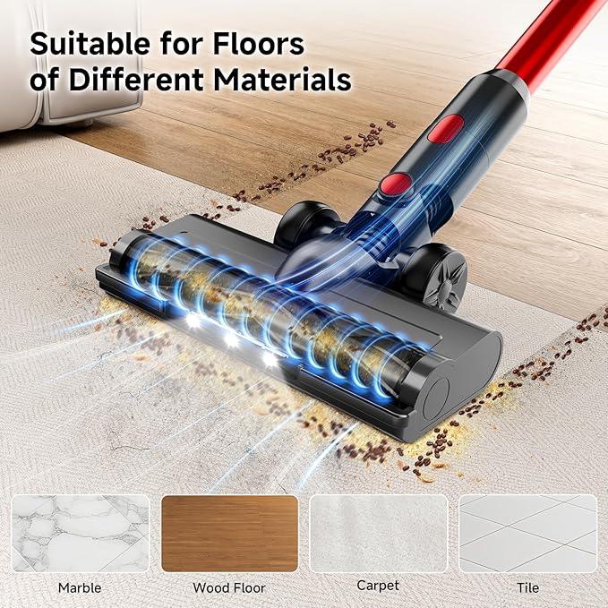 Cordless Vacuum Cleaner for Home - Lightweight, Stick Vacuum Clean with Rechargeable Battery, Max 45Mins Runtime, 8 in 1 Handheld Vacuum for Hardfloor & Carpets Pet Hair, Red&Black - NeatNest