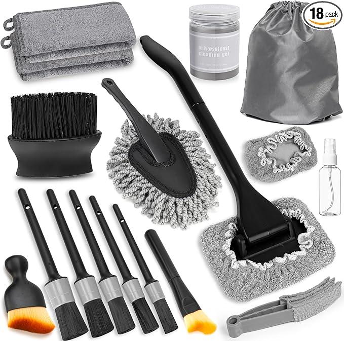 Viewmax Windshield Cleaner Tool, 18Pcs Car Interior Detailing Brush Set, Inside Windshield Cleaning Kit with 2 Microfiber Pads, Duster Brush, Cleaning Gel, Car Detailing Supplies for Women & Men - NeatNest