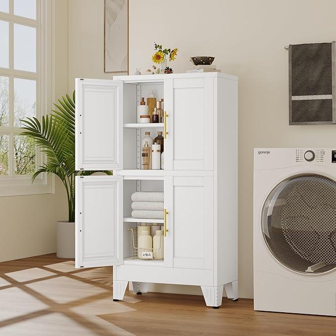 47“H White Metal Bathroom Storage Cabinet, Kitchen Pantry Cabinet with Doors and 3 Adjustable Shelves, Bathroom cabinets Organizer, for Home Office, Bedroom - NeatNest