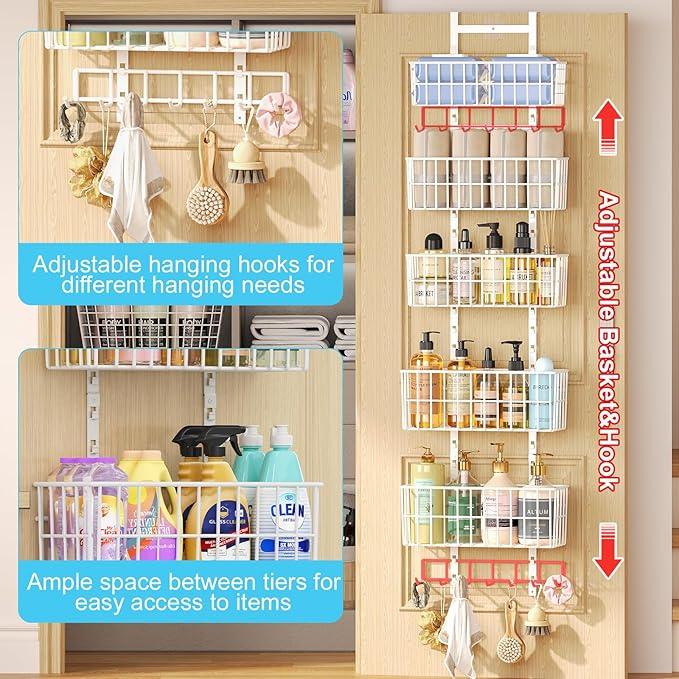 Adjustable Over The Door Organizer, Metal Hanging Door Organizer with 5 Wire Basket 7 Hooks, Wall Mounted Shelf for Pantry Closet Organization and Storage, White - NeatNest