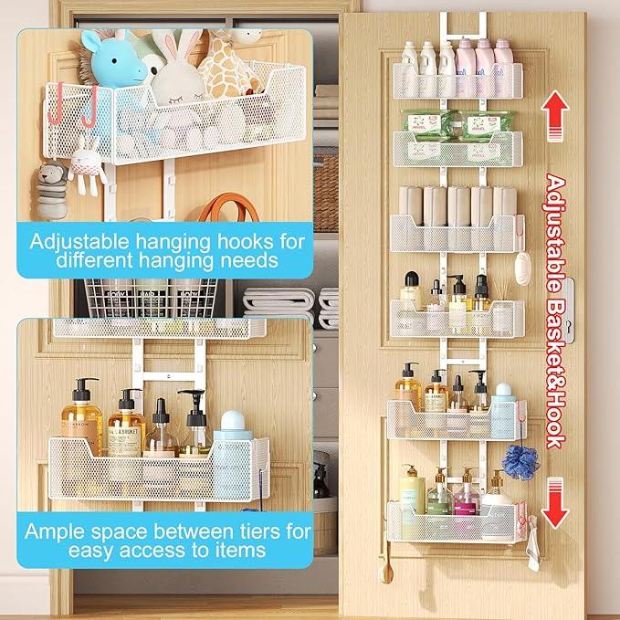 Over The Door Organizer, Metal Hanging Door Organizer with 6 Adjustable Baskets and 5 Hooks, Behind The Door Storage for Closet Pantry Cabinet Kitchen Bathroom Bedroom, White - NeatNest