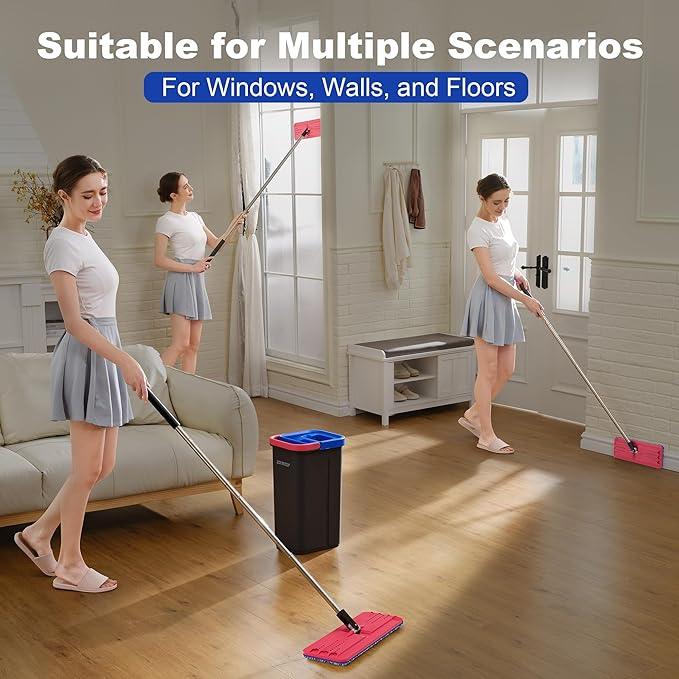 JOYMOOP Microfiber Flat Mop and Bucket System, Mops for Floor Cleaning and Wall Cleaner, Hardwood, Tile, Laminate, Vinyl Floors, Smooth Walls, and Glass Windows - 60" Flat Mop+3 Microfiber Pads[Black] - NeatNest