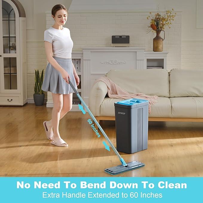 JOYMOOP Mop and Bucket Set with Wringer, Mops for Floor Cleaning, Wall Mop Cleaner with Long Handle, with 6 Reusable Microfiber Mop Pads - Grey+Cyan Blue - NeatNest