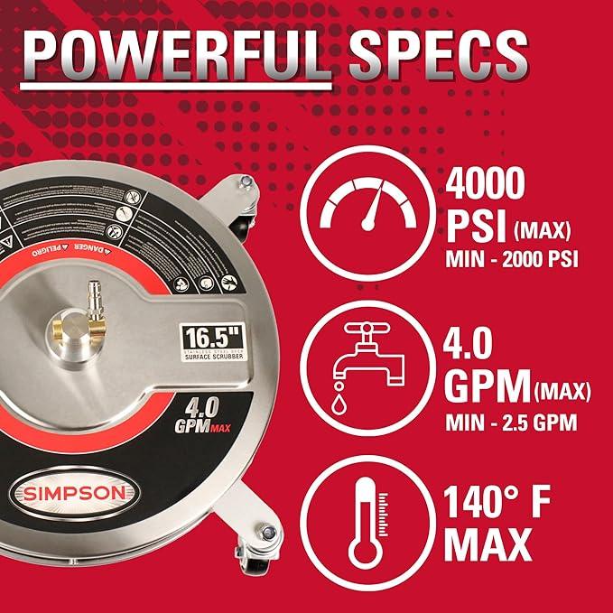 Simpson Cleaning Universal 16.5" Pressure Washer Surface Cleaner, Stainless Steel, for Gas and Electric, Cold Water, 1/4" Quick Connection, Max of 4000 PSI, 80625 - NeatNest