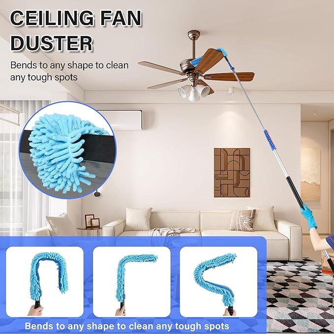 30 FT High Reach Cleaning Kit with 7-30 Foot Telescoping Extension Pole, Flexible Ceiling Fan Duster, Microfiber Feather Duster, Cobweb Duster & Window Squeegee & Washer - NeatNest