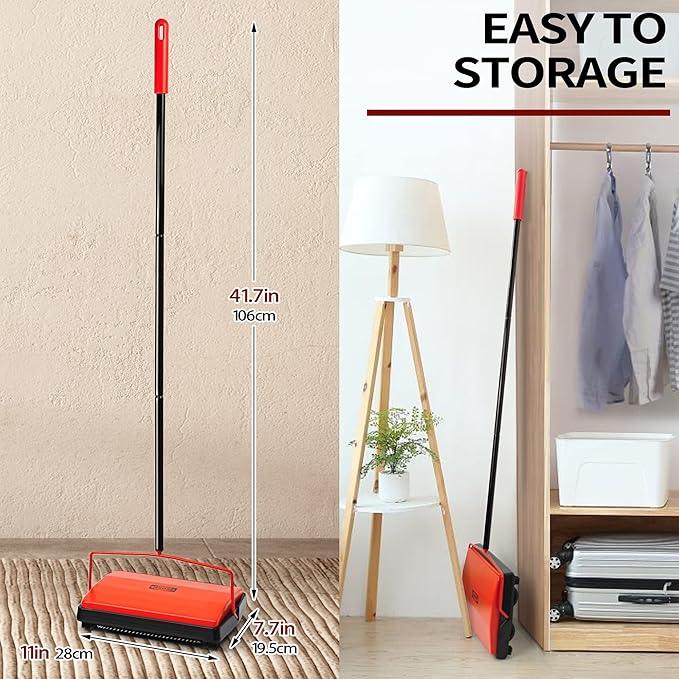 JEHONN Carpet Floor Sweeper Manual with Horsehair, Non Electric Quite Rug Roller Brush Push for Cleaning Pet Hair, Loose Debris, Lint (Red) - NeatNest