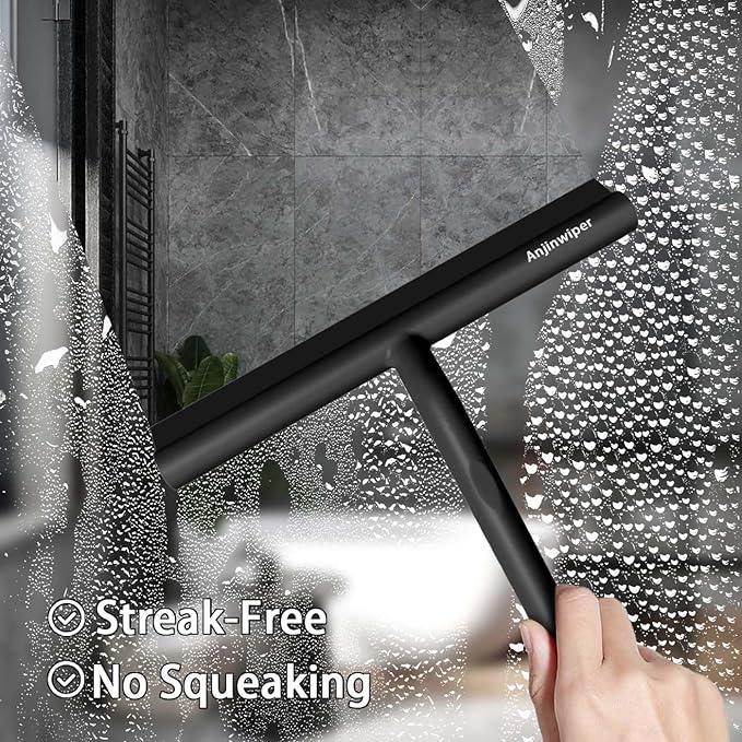 All-Purpose Shower Squeegee for Glass Doors, Shower Door Squeegee with Hook, Silicone Squeegee for Bathroom, Shower Doors, Mirrors, Tiles(Black) - NeatNest