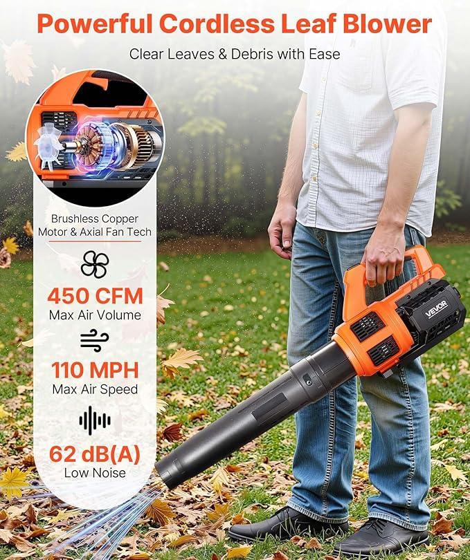 VEVOR 20V Cordless Leaf Blower with Brushless Motor, 450 CFM/110 MPH, Battery Powered Electric Leaf Blowers for Lawn Care with 2.0Ah Battery and Fast Charger - NeatNest