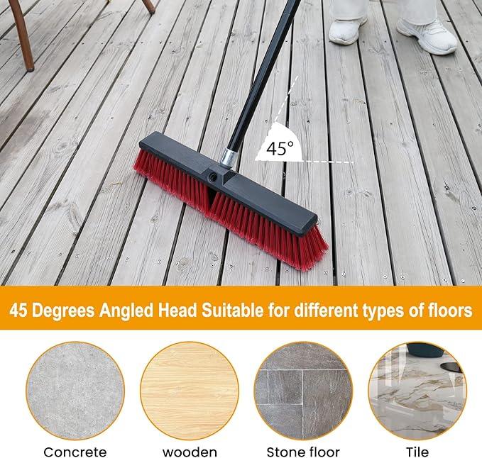 18 inches Push Broom Outdoor Garden Broom with 63" Long Handle for Deck Driveway Garage Yard Patio Concrete Floor Cleaning(Red) - NeatNest