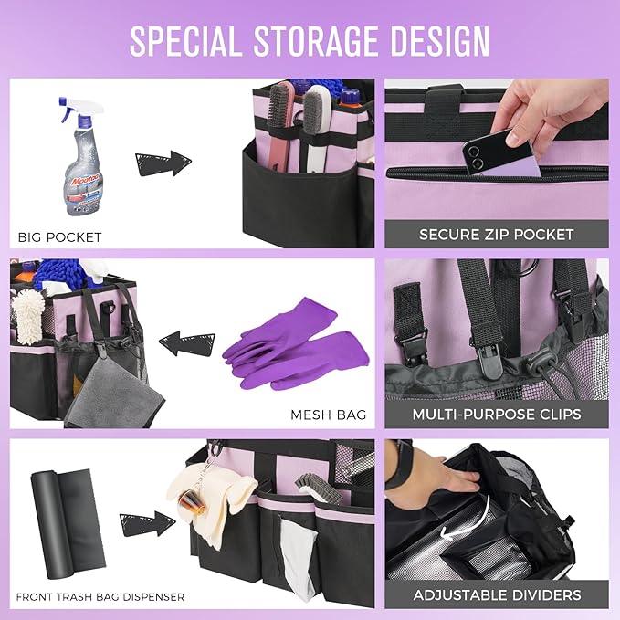 Wearable Cleaning Caddy, Cleaning Caddy Supplies Organizer with Handle & Shoulder Straps for Housekeepers, Under Sink & Car Cleaning Tool Organizers Bag with 4 Foldable Divider (Lilac) - NeatNest