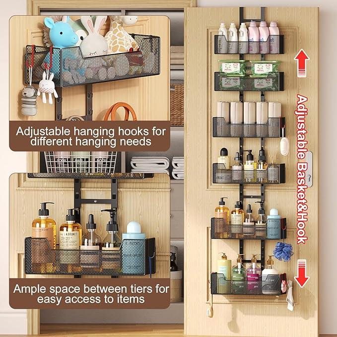 Over The Door Organizer, Metal Hanging Door Organizer with 6 Adjustable Baskets and 5 Hooks, Behind The Door Storage for Closet Cabinet Kitchen Bathroom Bedroom Pantry Organizer, Black - NeatNest