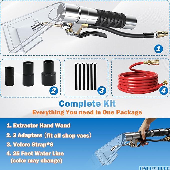 Happy Tree Universal Fit All Brands' Shop Vac Extractor Hose Kit Adapter Wet-dry Extraction Accessory for Upholstery & Carpet Cleaning Auto Detailing Wet Vaccum Accessories with 25 Feet Water Hose - NeatNest