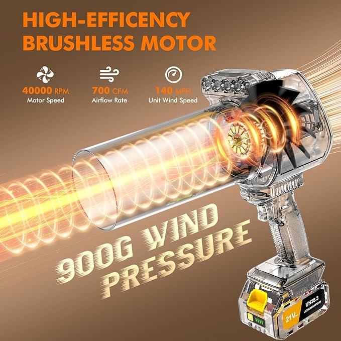 OGERY Brushless Leaf Blower Cordless with Lights, Powerful Electric Leaf Blowers with 2 x 3.0Ah Batteries & Fast Charging, 700CFM 900G Wind Pressure Handheld Blower for Lawn Care Yard Garden, Yellow - NeatNest